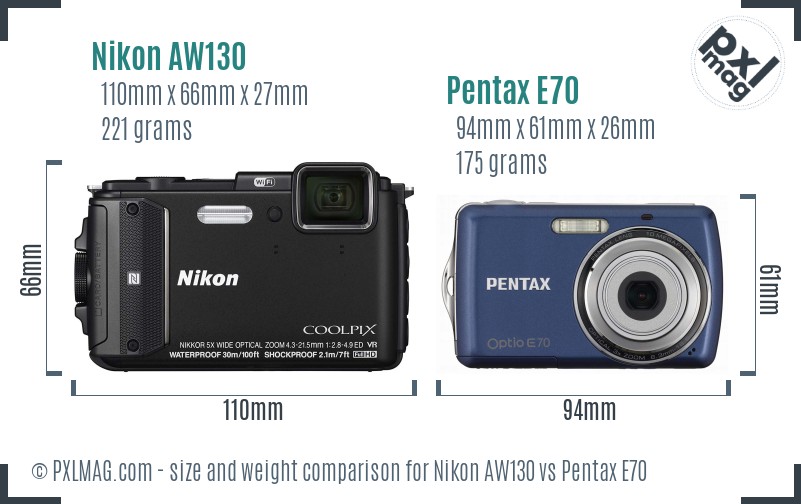 Nikon AW130 vs Pentax E70 size comparison