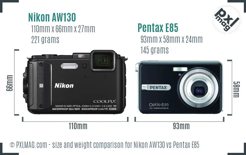 Nikon AW130 vs Pentax E85 size comparison