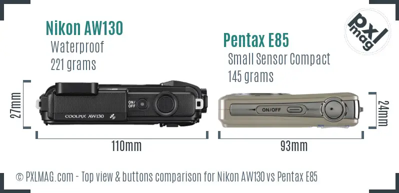 Nikon AW130 vs Pentax E85 top view buttons comparison