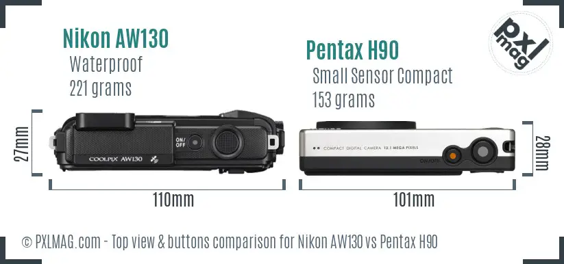 Nikon AW130 vs Pentax H90 top view buttons comparison