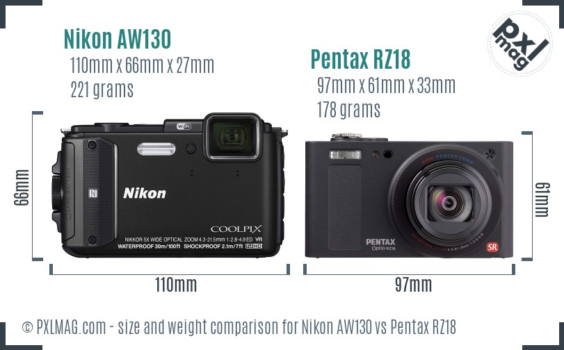Nikon AW130 vs Pentax RZ18 size comparison