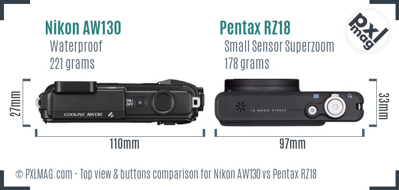 Nikon AW130 vs Pentax RZ18 top view buttons comparison