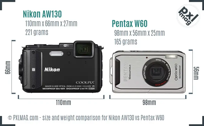 Nikon AW130 vs Pentax W60 size comparison