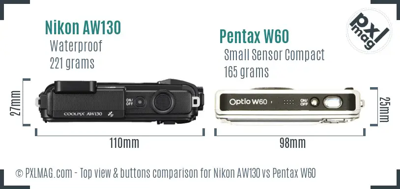 Nikon AW130 vs Pentax W60 top view buttons comparison
