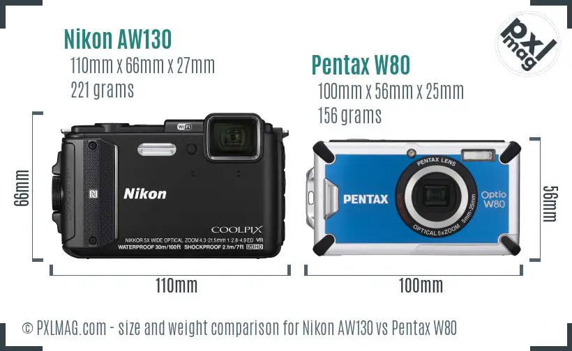 Nikon AW130 vs Pentax W80 size comparison