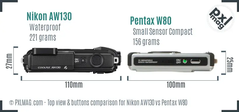Nikon AW130 vs Pentax W80 top view buttons comparison
