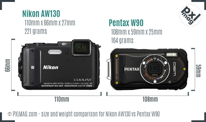 Nikon AW130 vs Pentax W90 size comparison