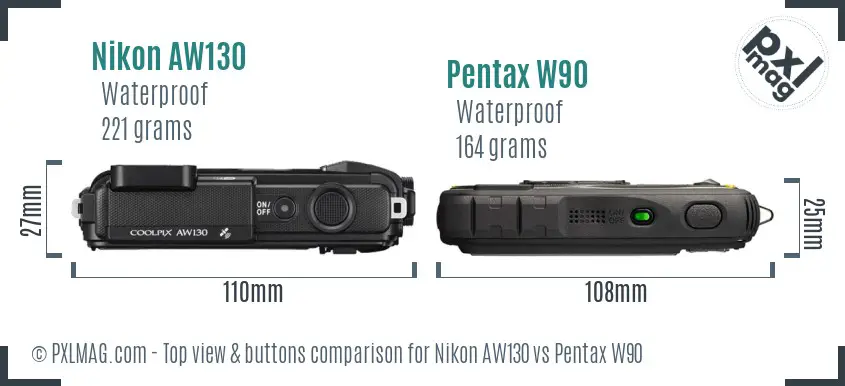 Nikon AW130 vs Pentax W90 top view buttons comparison
