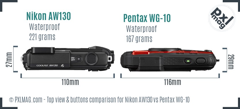 Nikon AW130 vs Pentax WG-10 top view buttons comparison