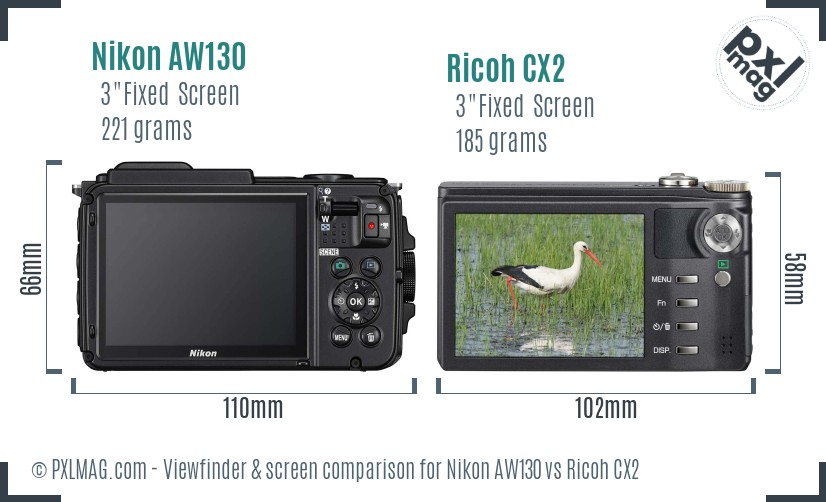 Nikon AW130 vs Ricoh CX2 Screen and Viewfinder comparison