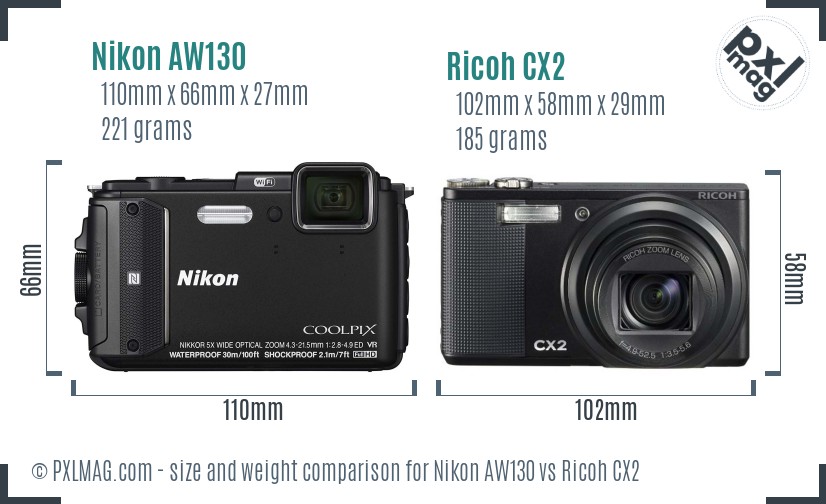 Nikon AW130 vs Ricoh CX2 size comparison Nikon AW130 vs Ricoh CX2 size comparison