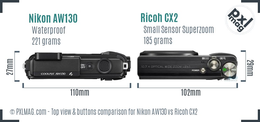 Nikon AW130 vs Ricoh CX2 top view buttons comparison