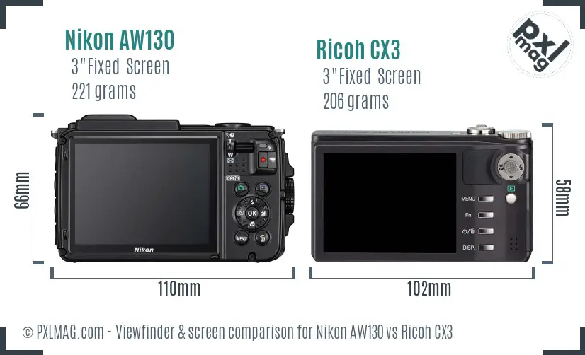 Nikon AW130 vs Ricoh CX3 Screen and Viewfinder comparison