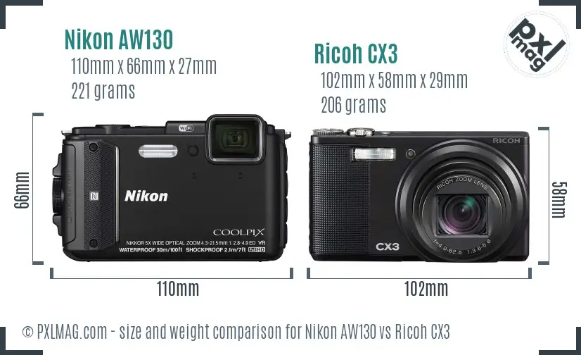 Nikon AW130 vs Ricoh CX3 size comparison
