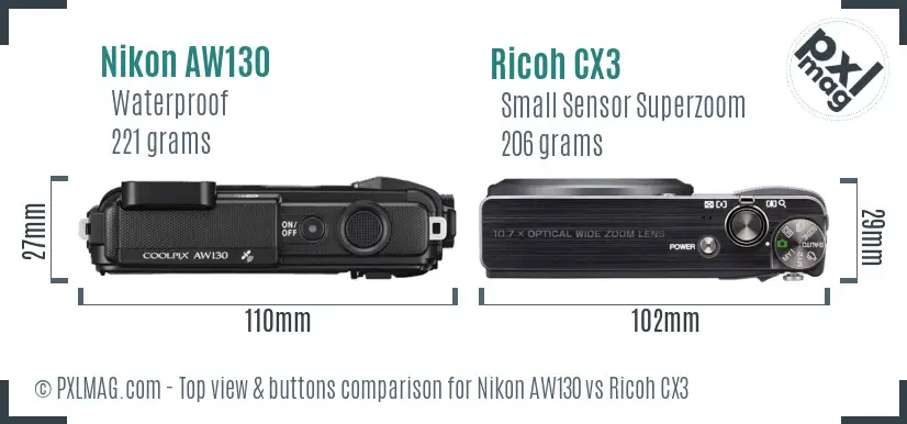 Nikon AW130 vs Ricoh CX3 top view buttons comparison