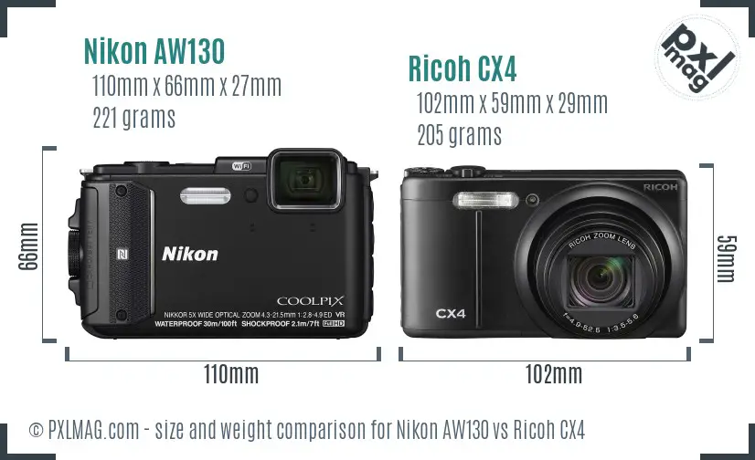 Nikon AW130 vs Ricoh CX4 size comparison