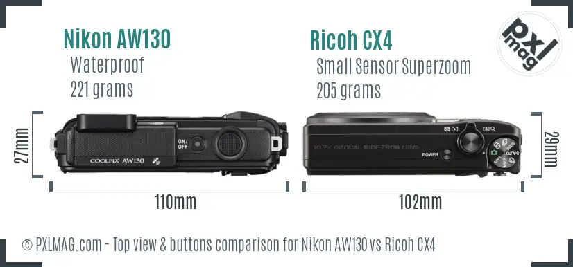 Nikon AW130 vs Ricoh CX4 top view buttons comparison