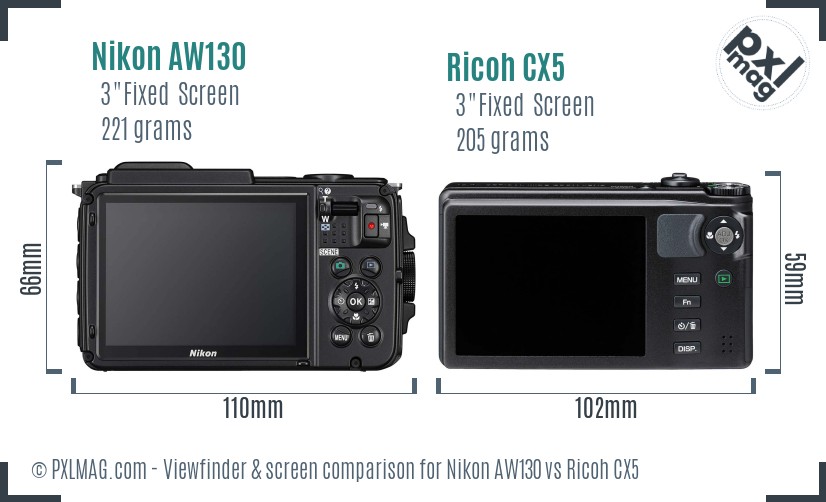 Nikon AW130 vs Ricoh CX5 Screen and Viewfinder comparison