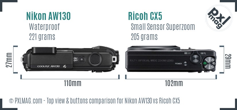 Nikon AW130 vs Ricoh CX5 top view buttons comparison
