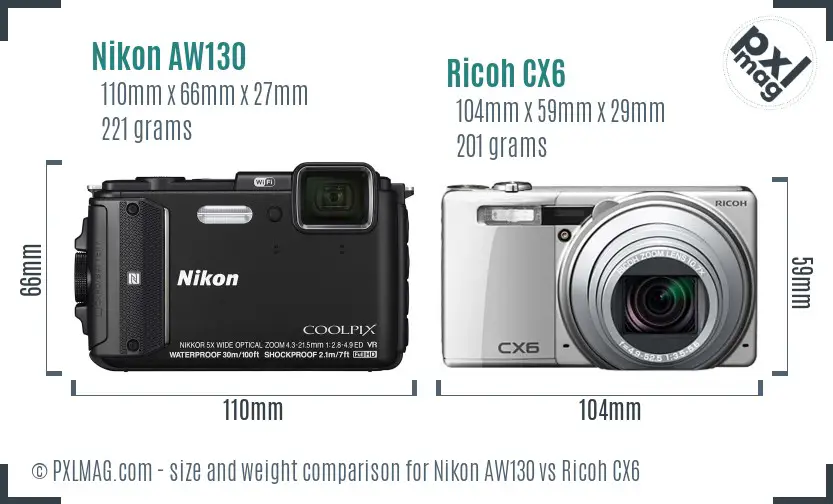 Nikon AW130 vs Ricoh CX6 size comparison