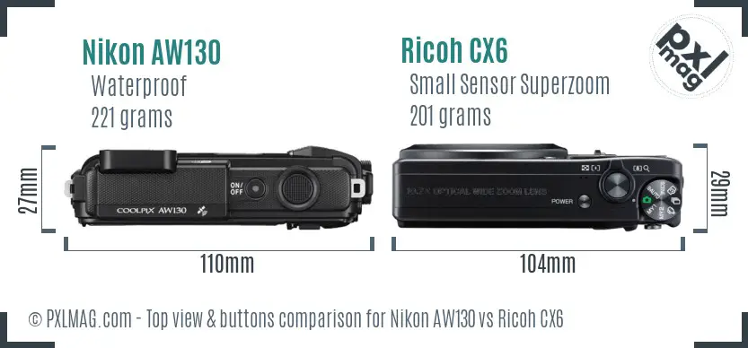 Nikon AW130 vs Ricoh CX6 top view buttons comparison