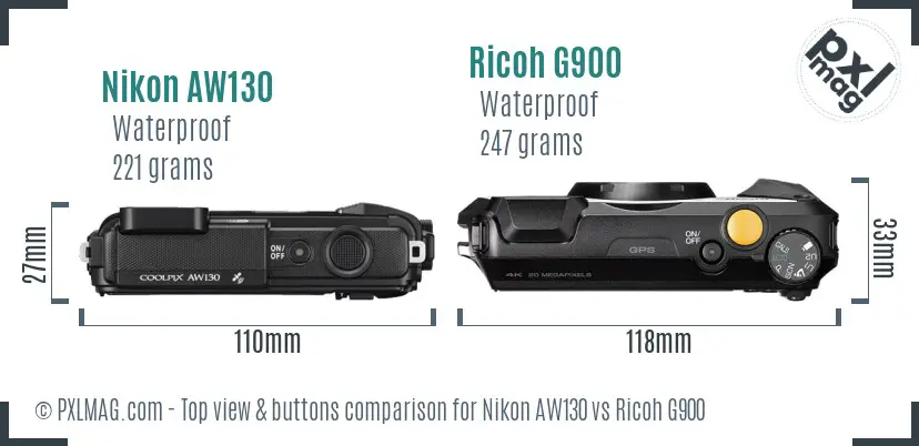Nikon AW130 vs Ricoh G900 top view buttons comparison