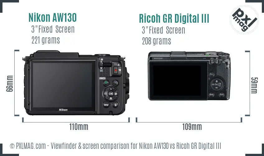 Nikon AW130 vs Ricoh GR Digital III Screen and Viewfinder comparison