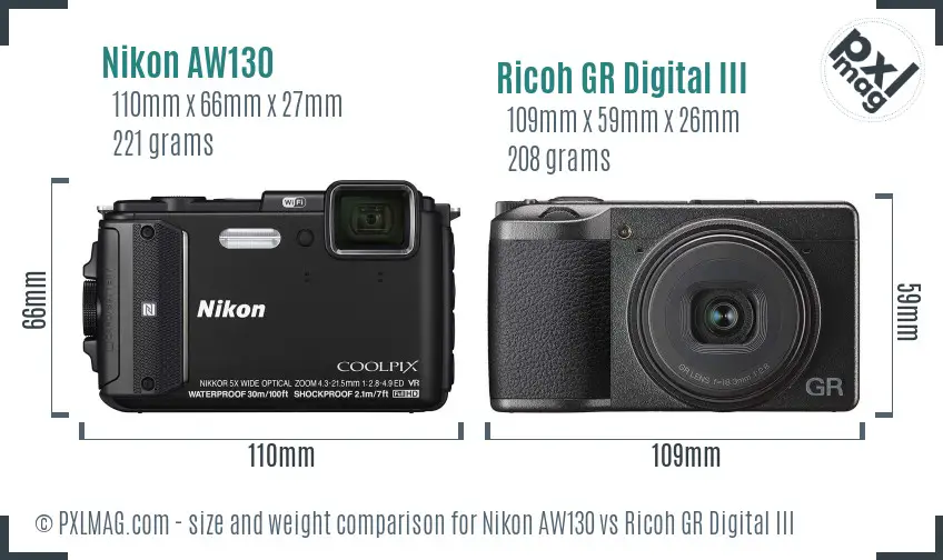Nikon AW130 vs Ricoh GR Digital III size comparison
