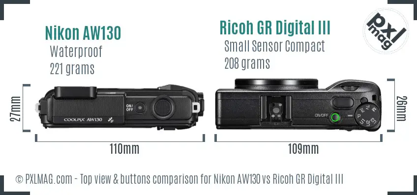 Nikon AW130 vs Ricoh GR Digital III top view buttons comparison