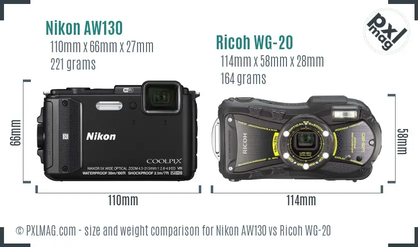 Nikon AW130 vs Ricoh WG-20 size comparison