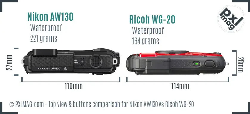 Nikon AW130 vs Ricoh WG-20 top view buttons comparison