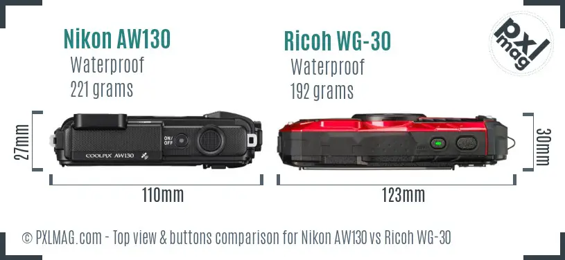 Nikon AW130 vs Ricoh WG-30 top view buttons comparison