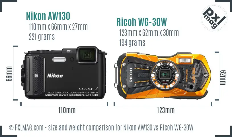 Nikon AW130 vs Ricoh WG-30W size comparison