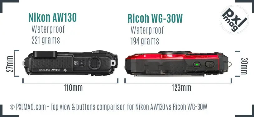 Nikon AW130 vs Ricoh WG-30W top view buttons comparison