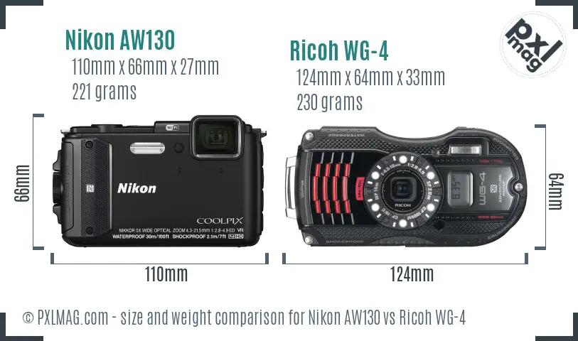 Nikon AW130 vs Ricoh WG-4 size comparison