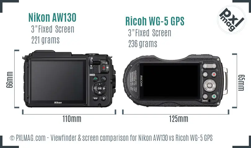 Nikon AW130 vs Ricoh WG-5 GPS Screen and Viewfinder comparison