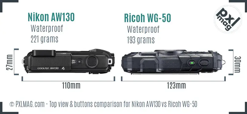Nikon AW130 vs Ricoh WG-50 top view buttons comparison