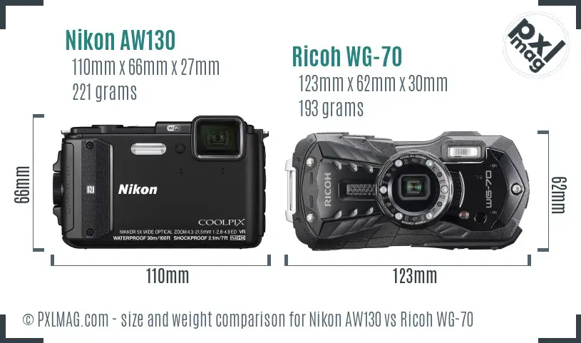 Nikon AW130 vs Ricoh WG-70 size comparison