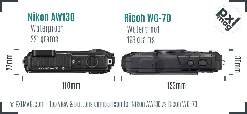 Nikon AW130 vs Ricoh WG-70 top view buttons comparison