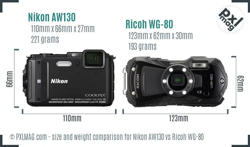 Nikon AW130 vs Ricoh WG-80 size comparison