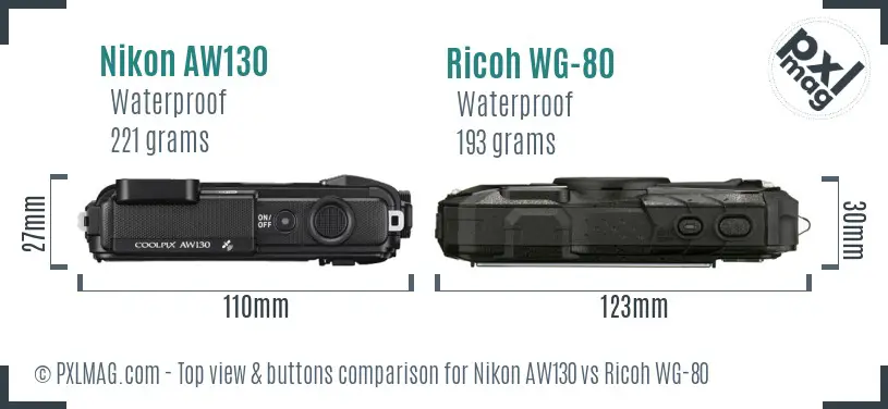 Nikon AW130 vs Ricoh WG-80 top view buttons comparison