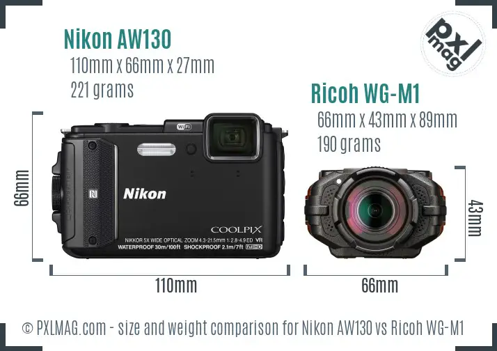 Nikon AW130 vs Ricoh WG-M1 size comparison