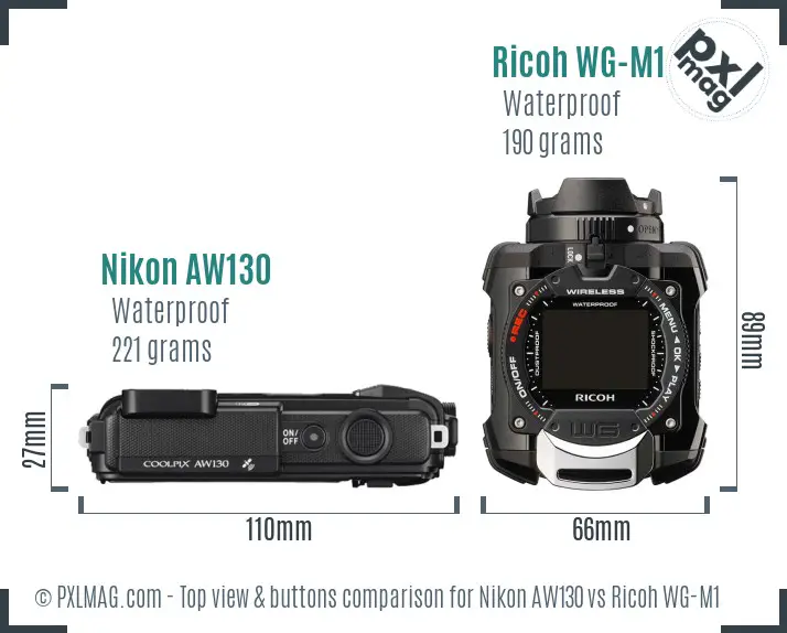 Nikon AW130 vs Ricoh WG-M1 top view buttons comparison