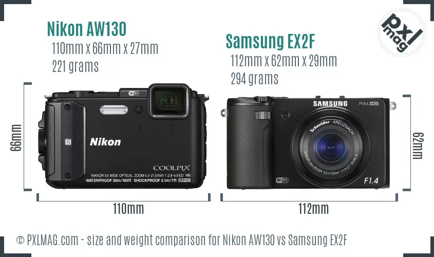 Nikon AW130 vs Samsung EX2F size comparison Nikon AW130 vs Samsung EX2F size comparison