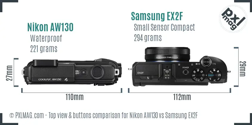 Nikon AW130 vs Samsung EX2F top view buttons comparison Nikon AW130 vs Samsung EX2F top view buttons comparison