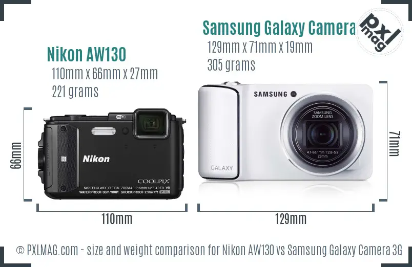 Nikon AW130 vs Samsung Galaxy Camera 3G size comparison