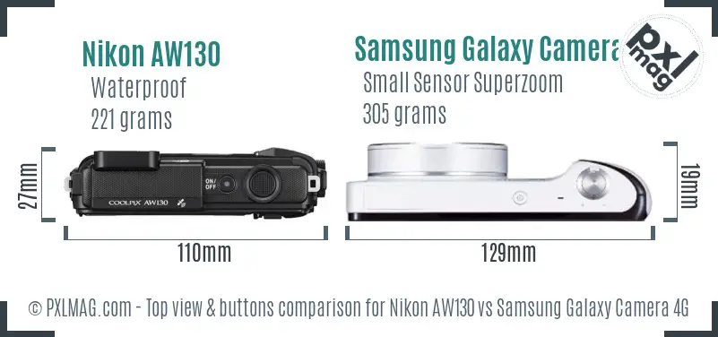 Nikon AW130 vs Samsung Galaxy Camera 4G top view buttons comparison Nikon AW130 vs Samsung Galaxy Camera 4G top view buttons comparison