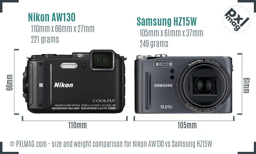 Nikon AW130 vs Samsung HZ15W size comparison