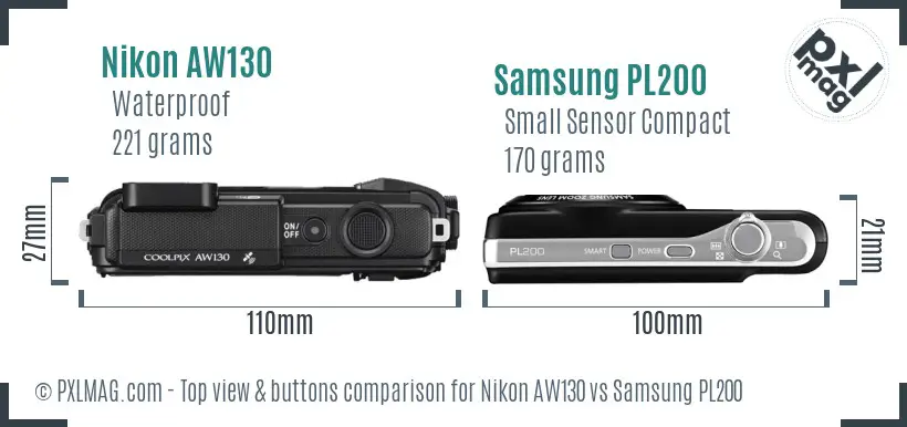 Nikon AW130 vs Samsung PL200 top view buttons comparison Nikon AW130 vs Samsung PL200 top view buttons comparison