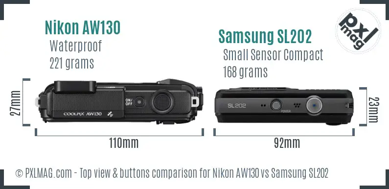 Nikon AW130 vs Samsung SL202 top view buttons comparison